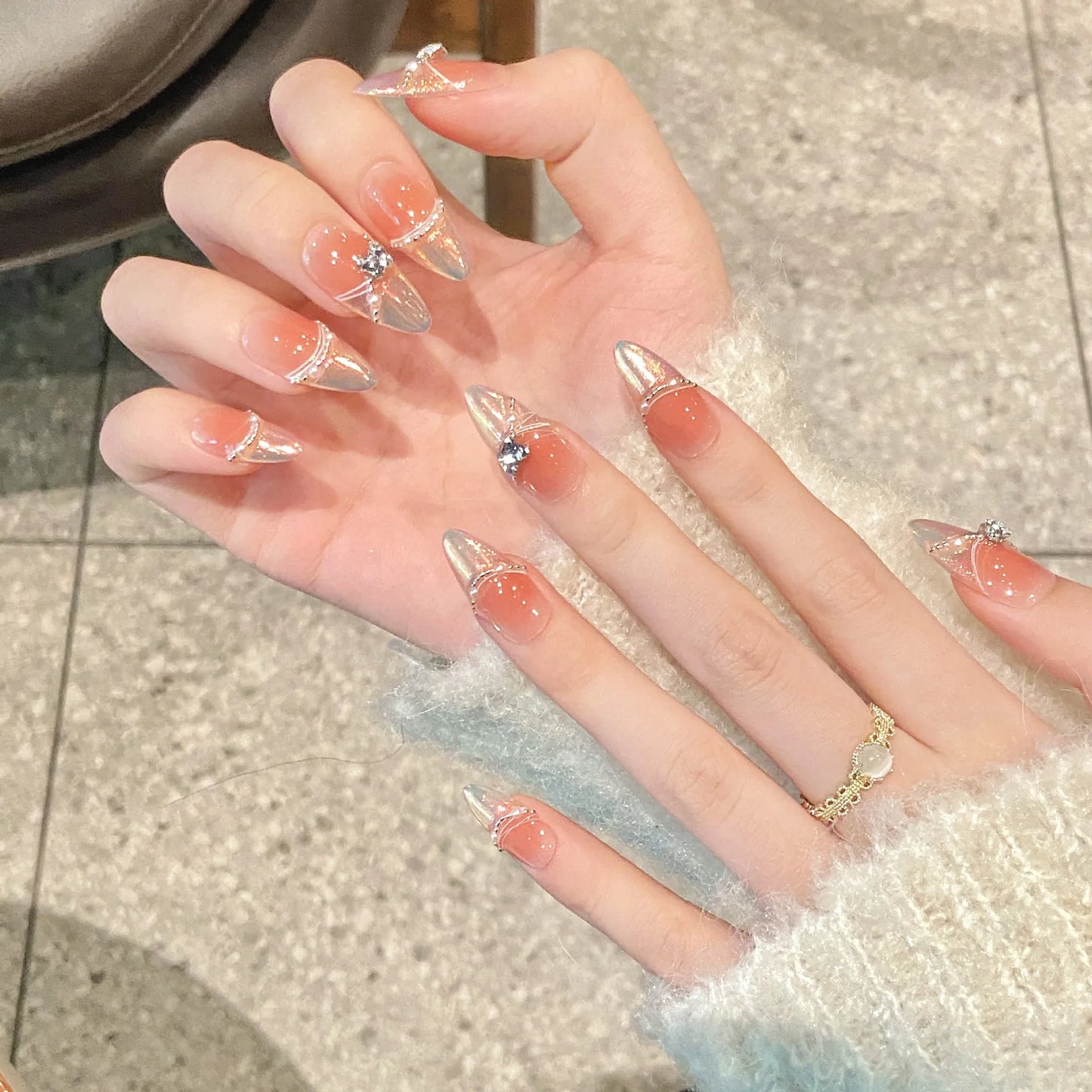 Handmade Press on Nails Aurora Blue French Pearl Crystal Fake Nails Wearable Full Cover Almond Sweet Pink Blush False Nails Peaceful Pleasures Health and Wellness