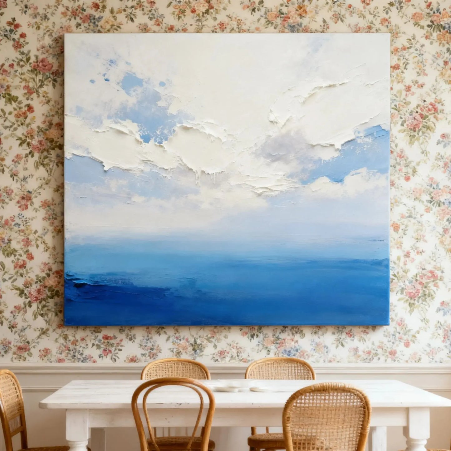 Hand Painted Blue Sky Abstract Landscape Texture Thick Painted Knife Painting Modern Wall Art Peaceful Pleasures Health and Wellness