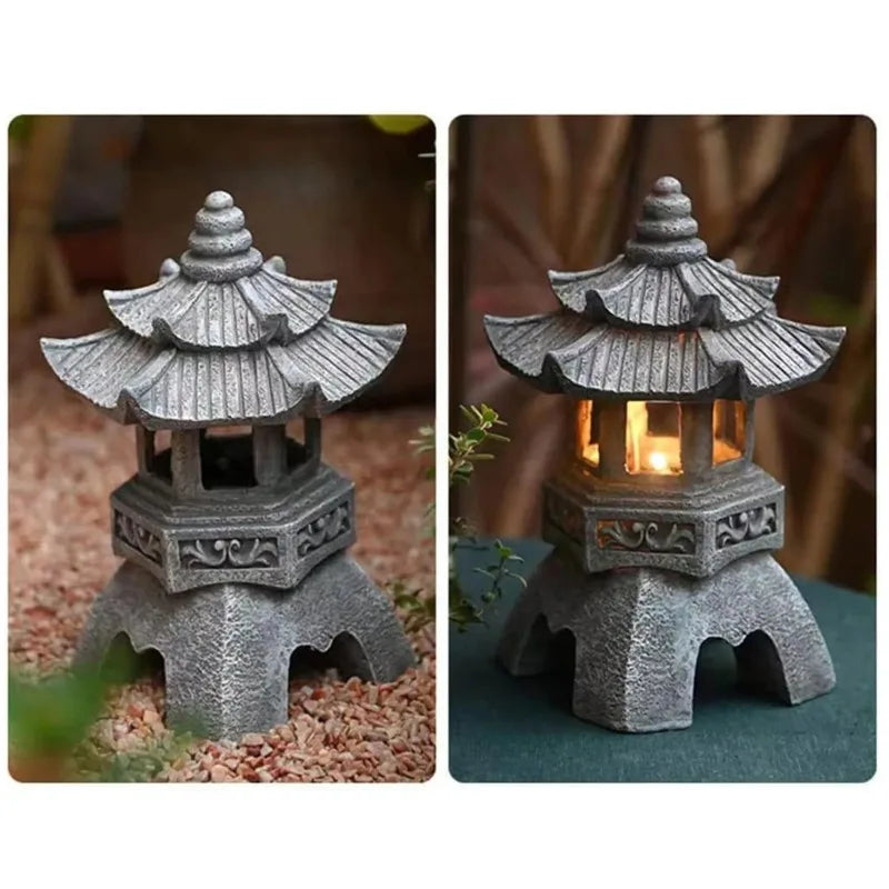 Solar Chinese Stone Tower Garden Light – Resin Courtyard Sculpture