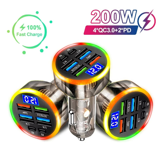 200W 6-Port Car Charger PD QC3.0 Fast Charging Digital Display Car Charger Adapter Peaceful Pleasures Health and Wellness