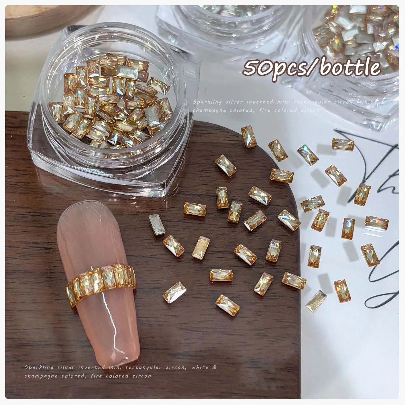 50Pcs Zirconia Strip Nail Rhinestones 2x4mm | Clear & Champagne