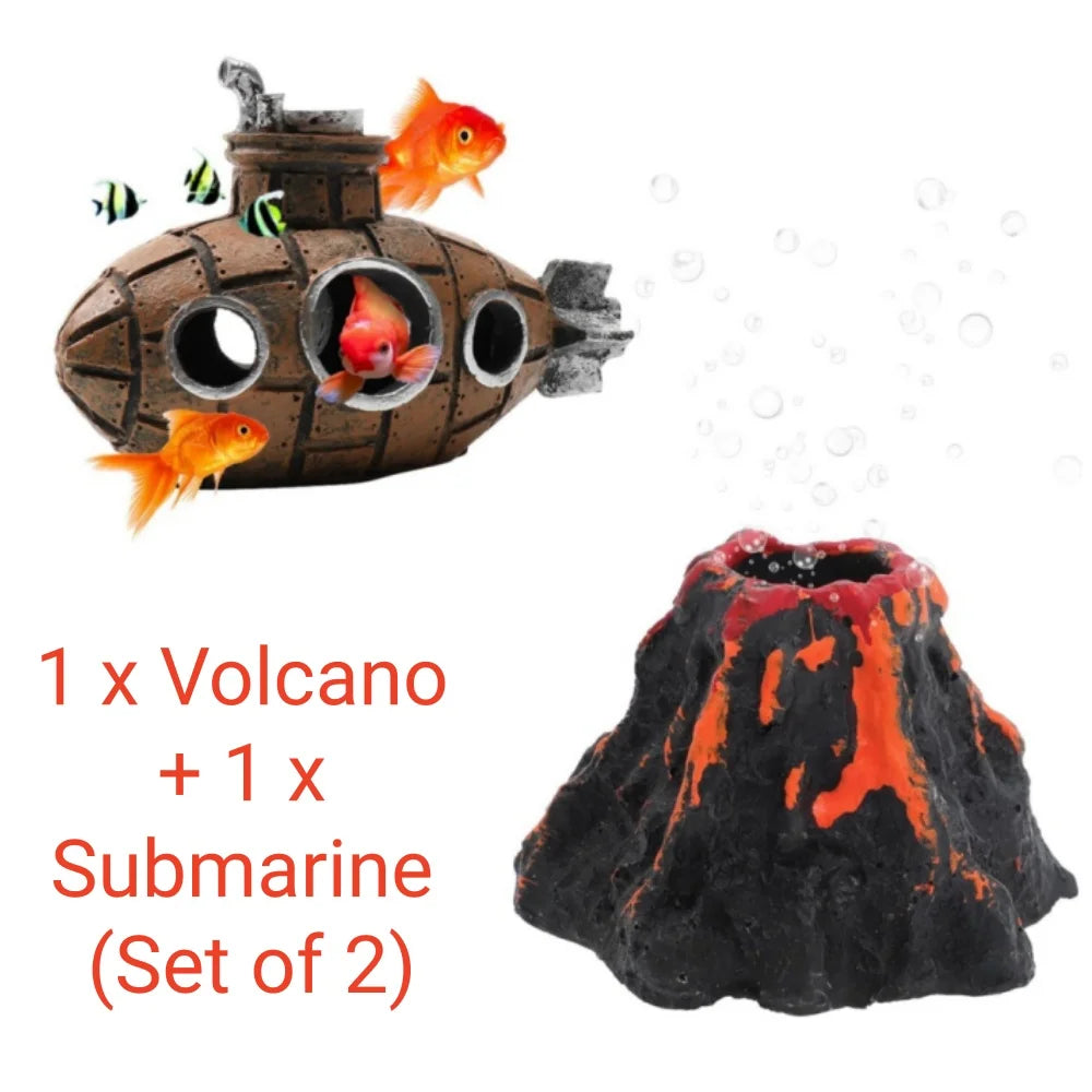 Aquarium Decoration Set Resin Submarine & Volcano Air Bubbler Fish Tank Ornaments Landscape Accessories for Betta Shrimp Decor Peaceful Pleasures Health and Wellness Volcano Submarine