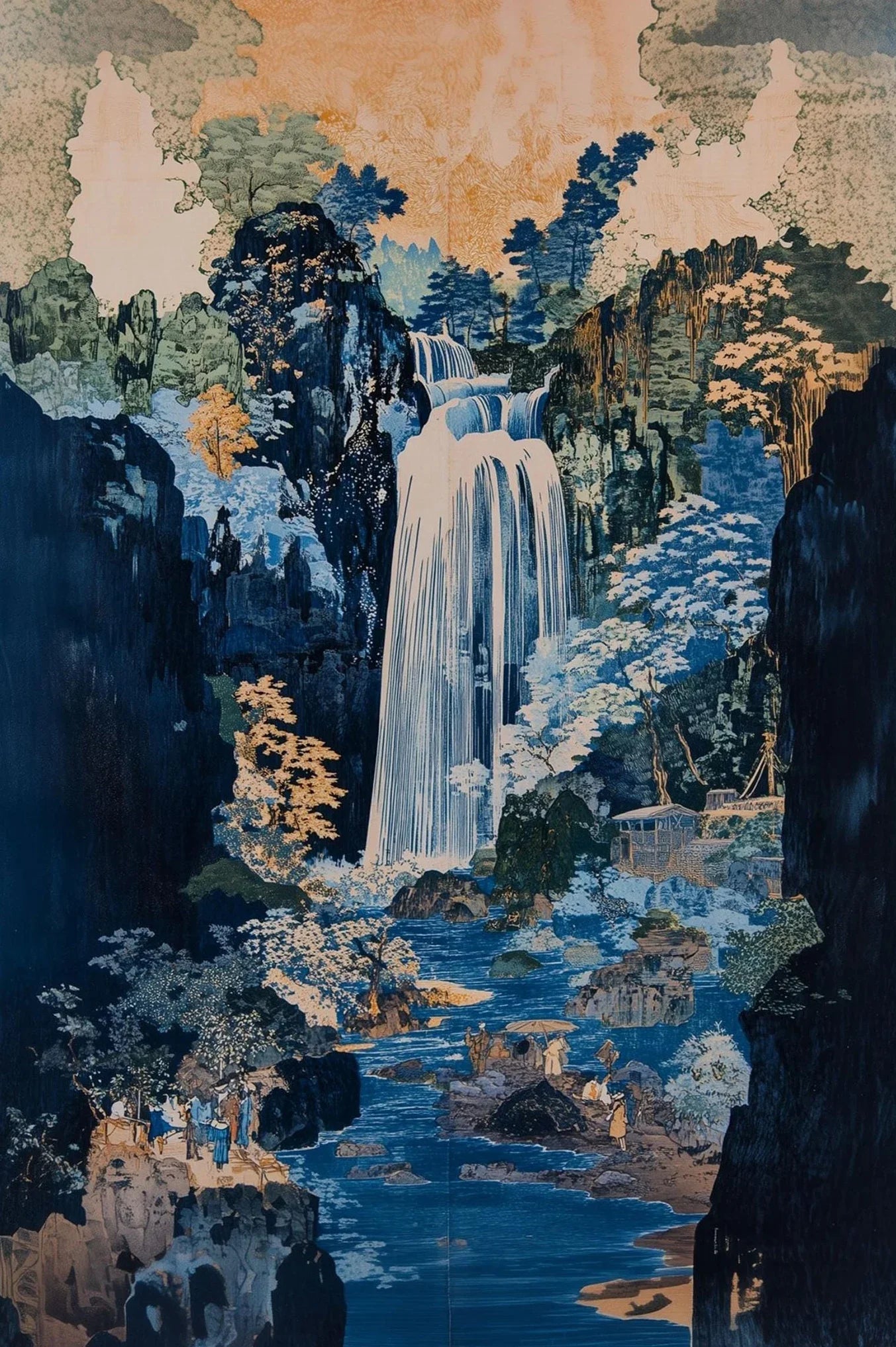 Hokusai Ukiyo-e Japanese Waterfall Canvas Wall Art | Vintage
