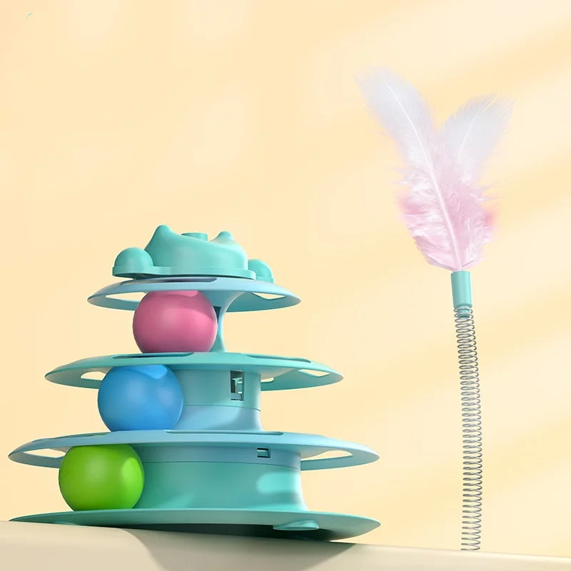4-Layer Feather Cat Turntable – Interactive Toy Ball & Stick