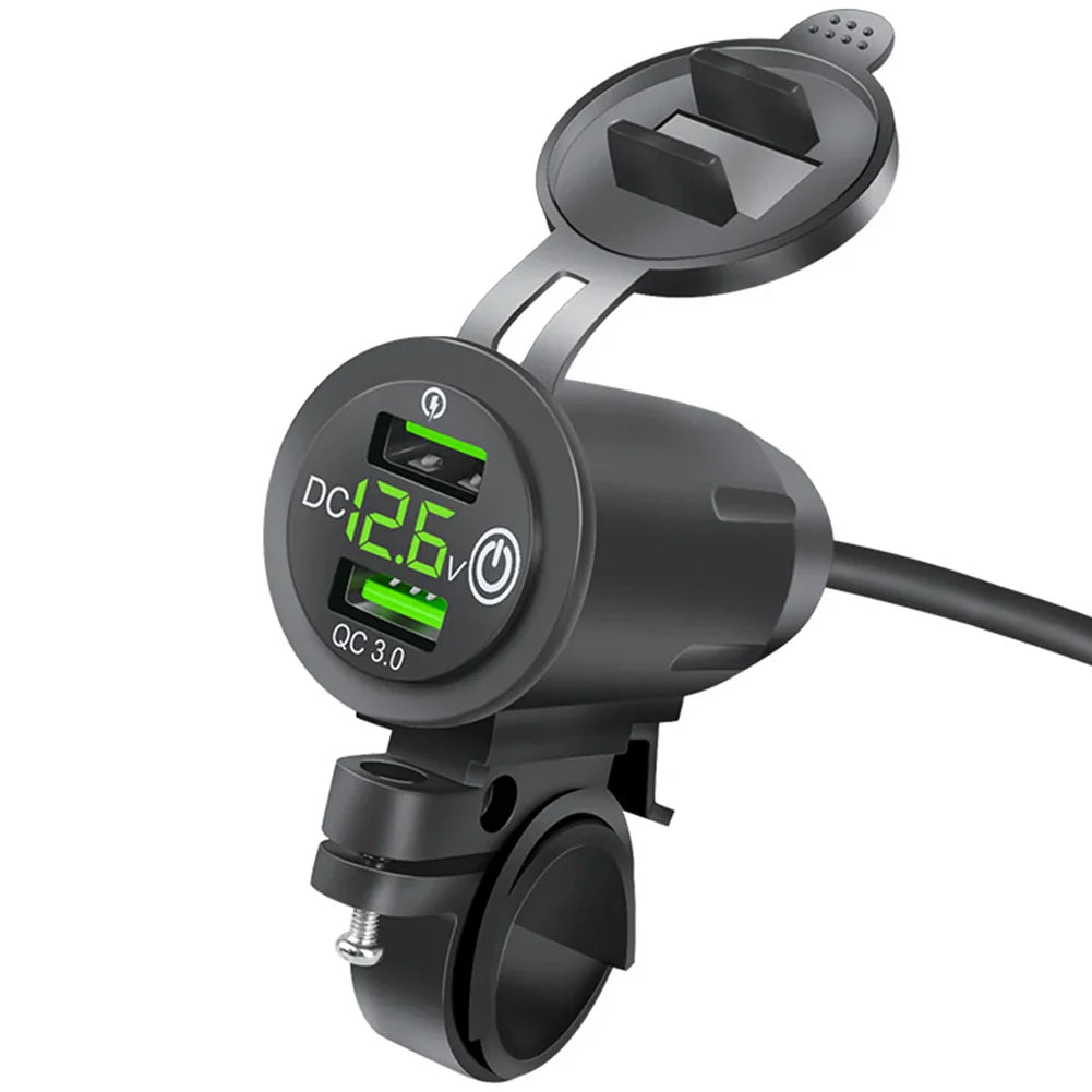 Dual QC 3.0 Waterproof Motorcycle USB Charger with Voltmeter