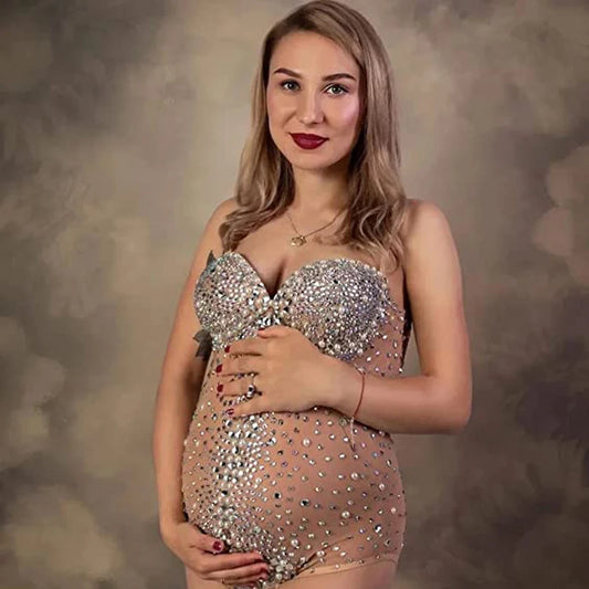 Maternity Photography Sexy Goddess V Neck Rhinestones Pearls Luxurious Stretch Jumpsuits Dress For Photo Shoot Props Peaceful Pleasures Health and Wellness