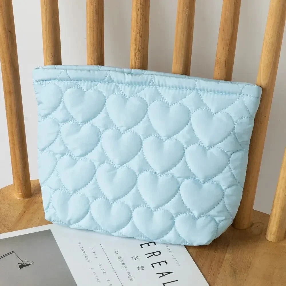 Fashion Korean Large Capacity Cosmetic Bag Women Soild Heart Quilting Handbag Portable Travel Lipstick Makeup Storage Bags Peaceful Pleasures Health and Wellness Blue