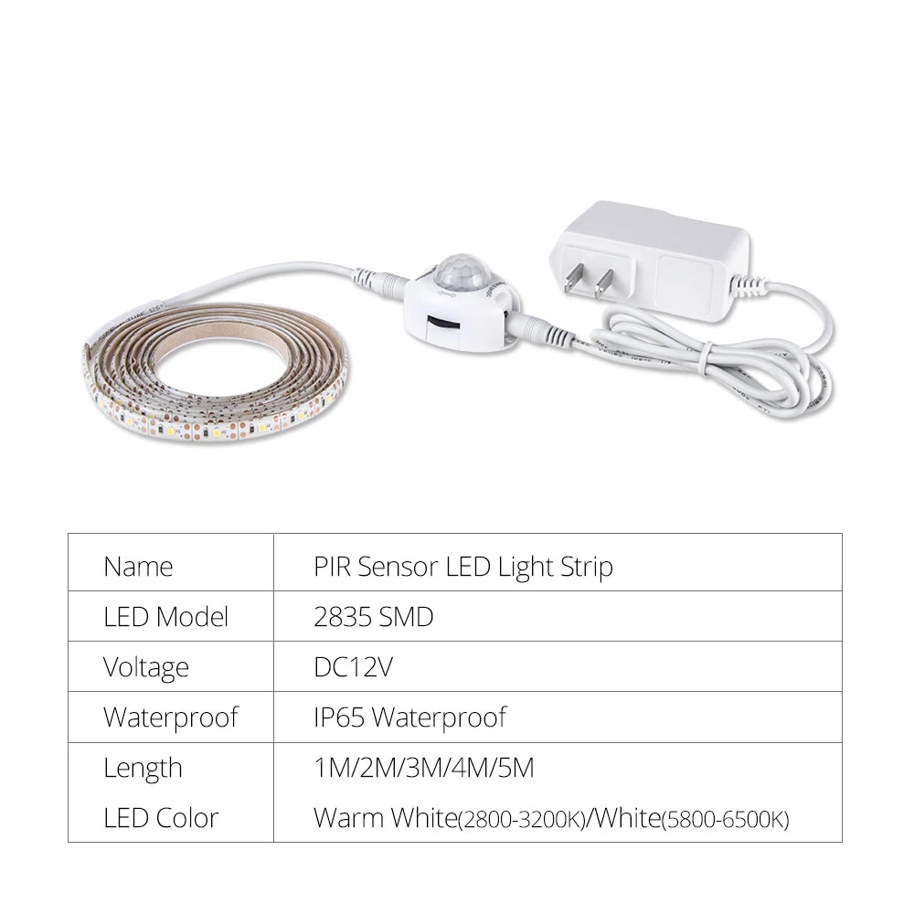 1M-5M PIR Motion Sensor 12V LED Strip Light Auto On/Off Human Body Induction LED Tape for Cabinet Stairs Wardrobe Closet Kitchen Peaceful Pleasures Health and Wellness
