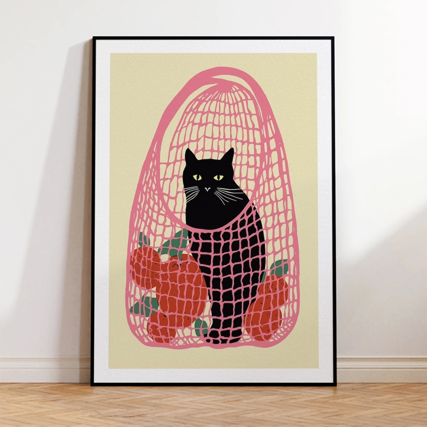 Black Cat Pink Bag Oranges Canvas Wall Art Print | Home Decor