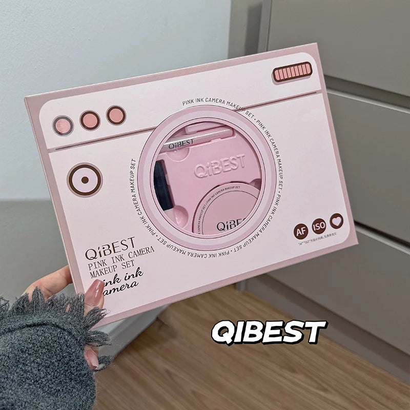 QIBEST Pink Camera Makeup Set Lipstick Pressed Powder Blush Lip Mud Eyeliner Mascara Eyebrow Pen Beauty Gift Box Cosmetic Kits Peaceful Pleasures Health and Wellness