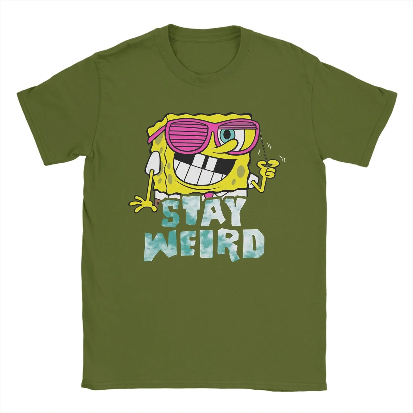 S-Spongebobs T Shirt Summer Stay Weird Pure Cotton T Shirts For Men Popular Casual Tshirt Short Sleeve Awesome Top Tees Peaceful Pleasures Health and Wellness army green XL