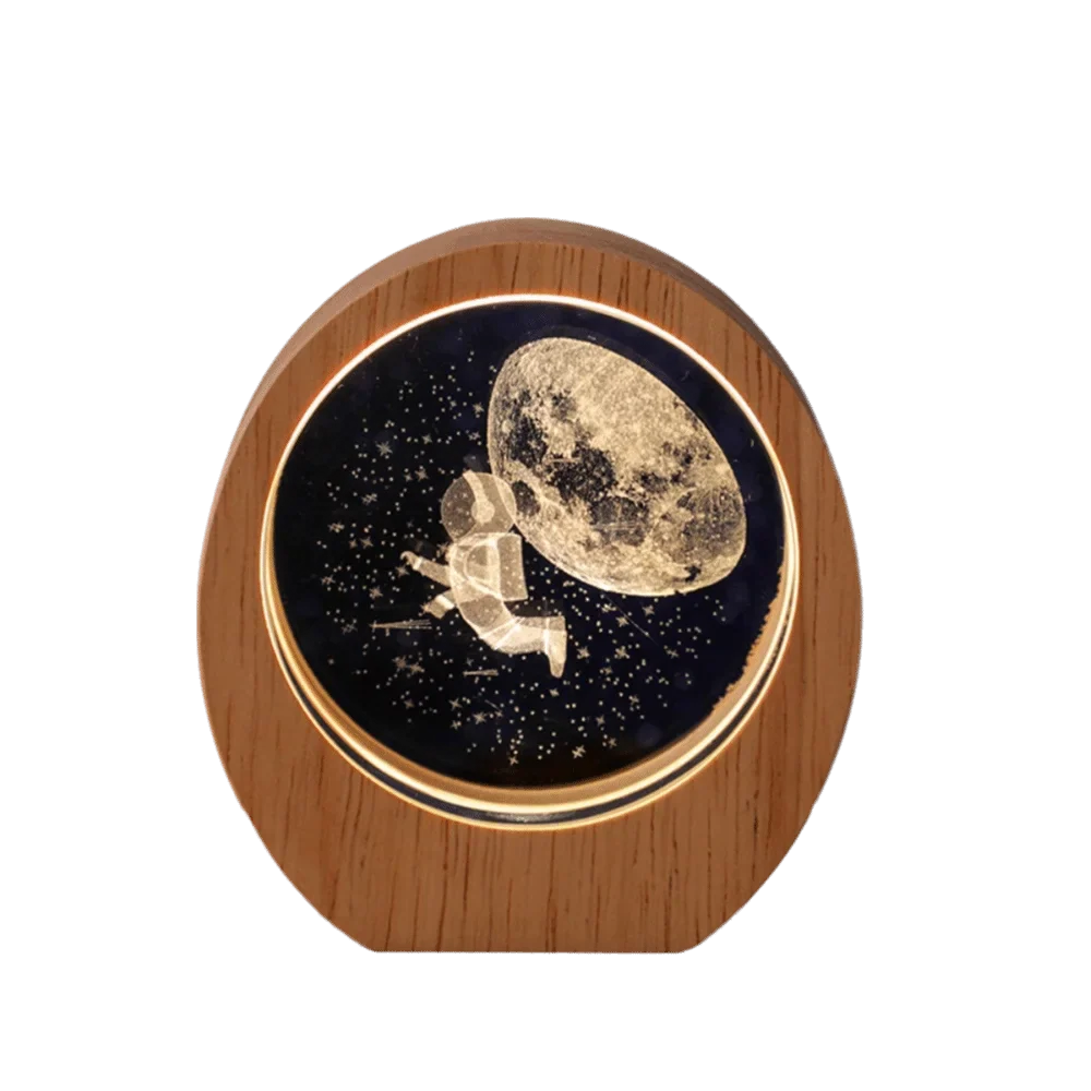 3D Solar System Planet Night Light – Wood Base Crystal Glow