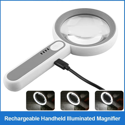 Rechargeable Handheld Magnifier 3 Lighting Modes Illuminated Magnifying Glass with LED Light for Seniors Reading Repair Peaceful Pleasures Health and Wellness