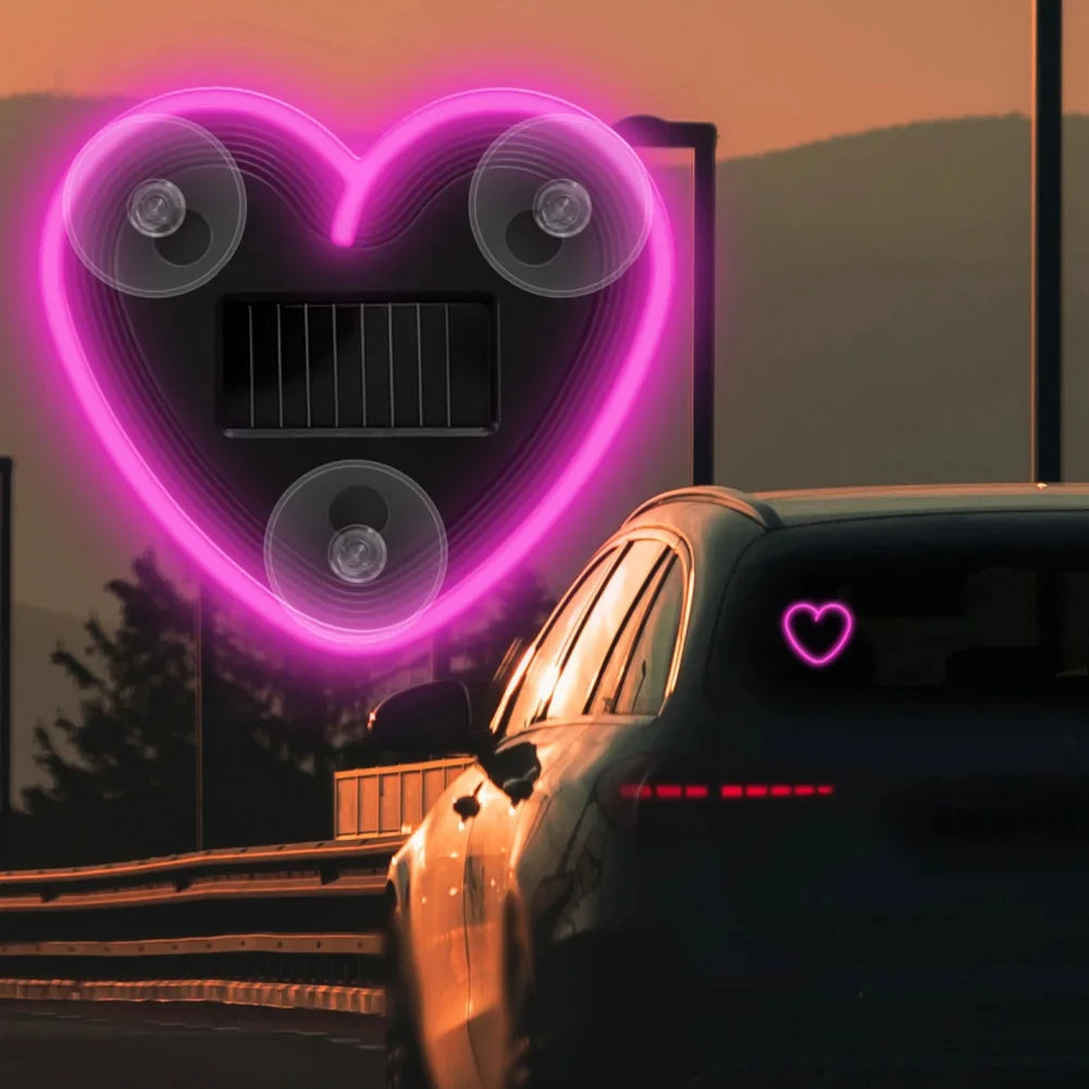 Solar-Powered Led Car Window Neon Lights - Heart-Shaped Rgb-Free Color-Changing Interior Wiring Free Atmosphere Light Peaceful Pleasures Health and Wellness Pink -1pc