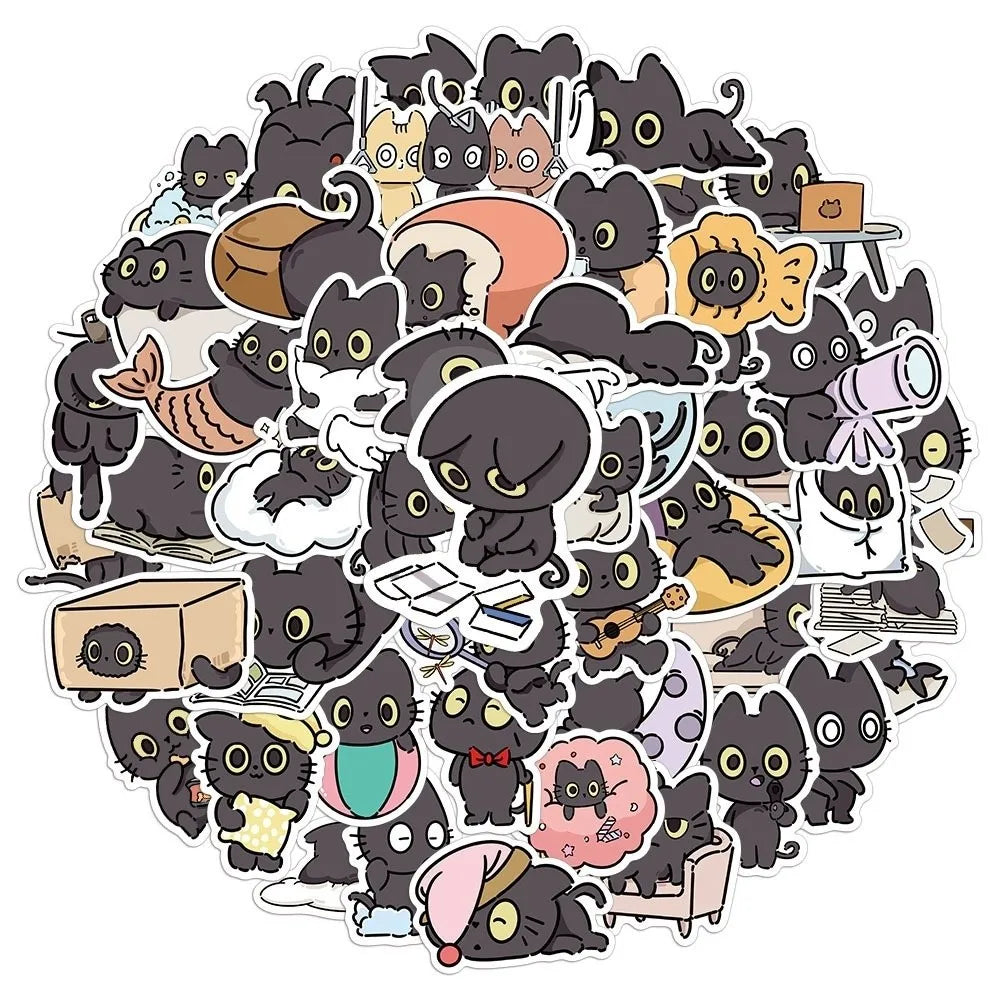 50Pcs Waterproof Kawaii Black Cat Sticker Cartoon Self-adhesive Funny Meme Sticker Animal Creative Stationery Sticker Peaceful Pleasures Health and Wellness