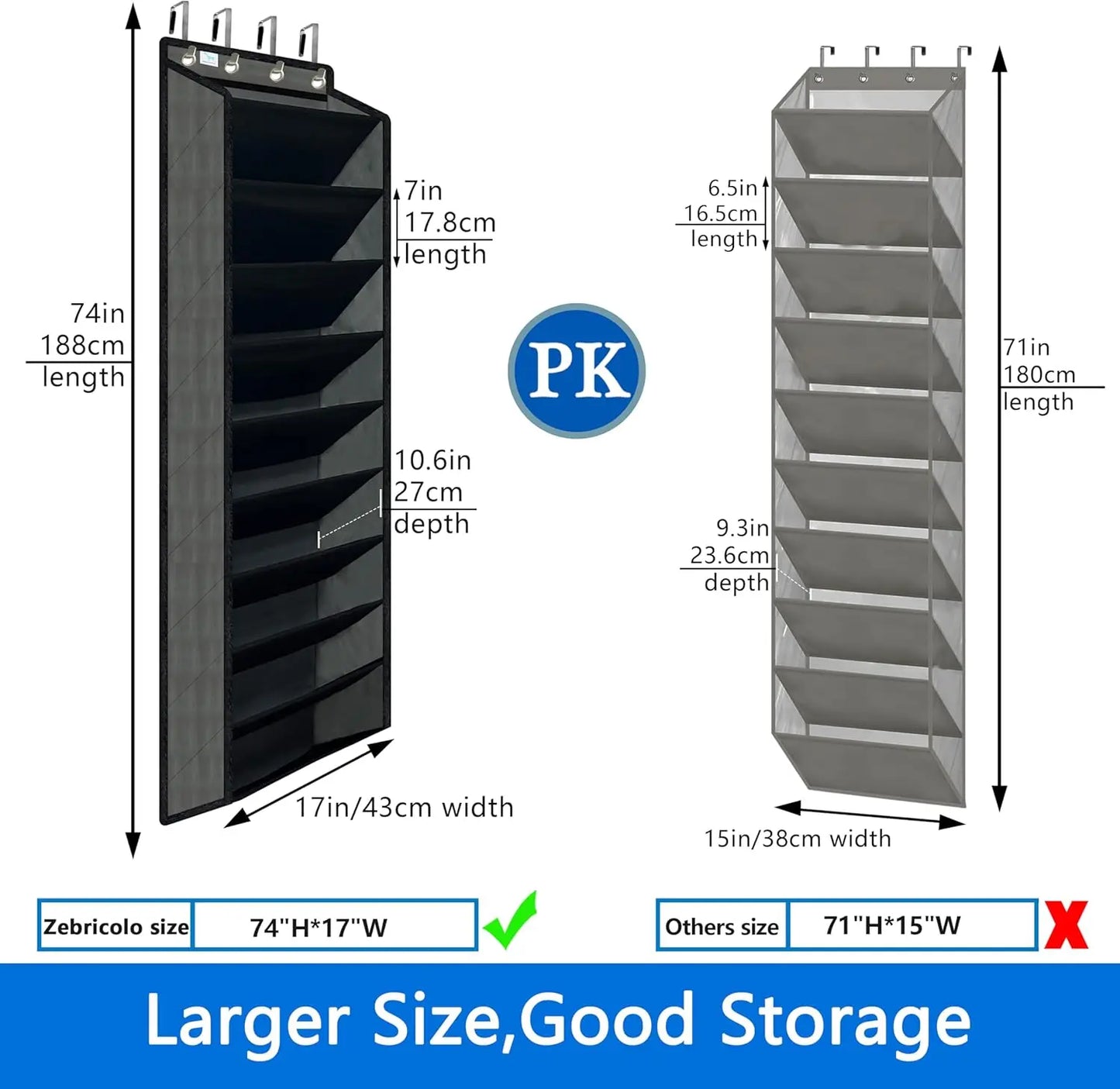 Two wall-mounted shelves with dimensions labeled, one larger than the other, on a white background.
