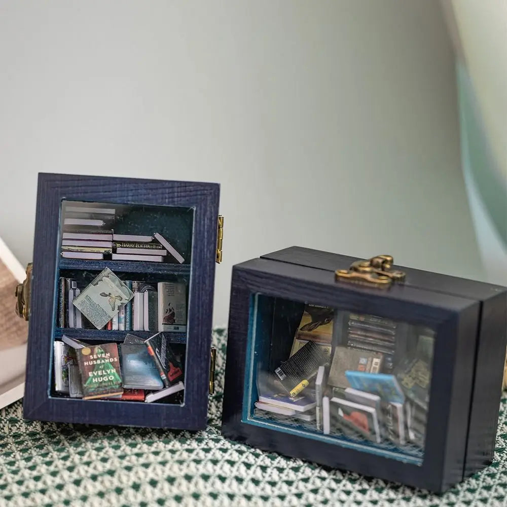 Miniature Wooden Bookshelf with 60 Mini Books – Desk Décor Toy