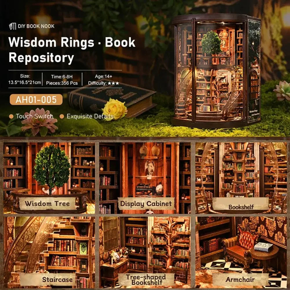 DIY Wooden Book Nook Figurines Miniatures Wisdom Rings Book Repository Bookend Home Decor Crafts For Friends Birthday Gifts Peaceful Pleasures Health and Wellness