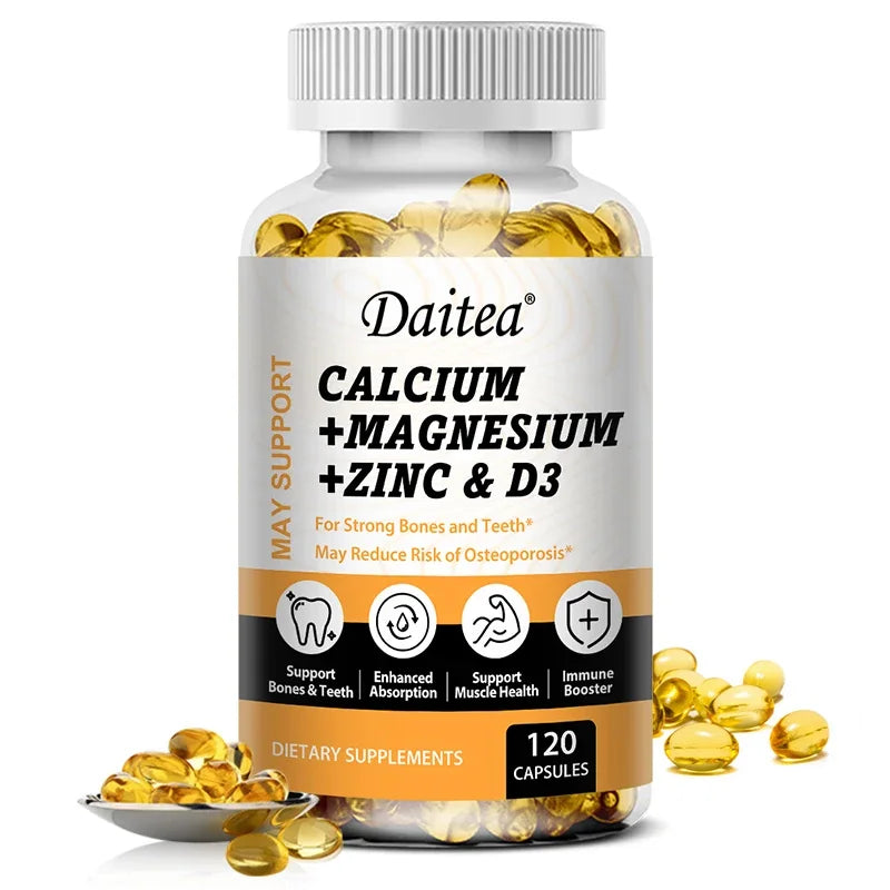 Daitea Calcium Magnesium Zinc Capsules Vitamin D3 helps support bones, teeth, heart, and enhance immune system function. Peaceful Pleasures Health and Wellness 120 count-1bottle