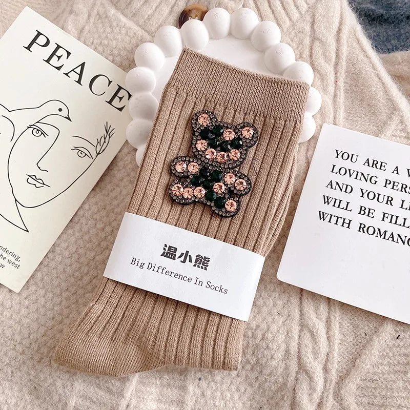 Diamond Cartoon Bear Decorative Socks, Fashionable Diamond Sparkling Women's Socks, Comfortable And Breathable Christmas Socks Peaceful Pleasures Health and Wellness Khaki EU35-39
