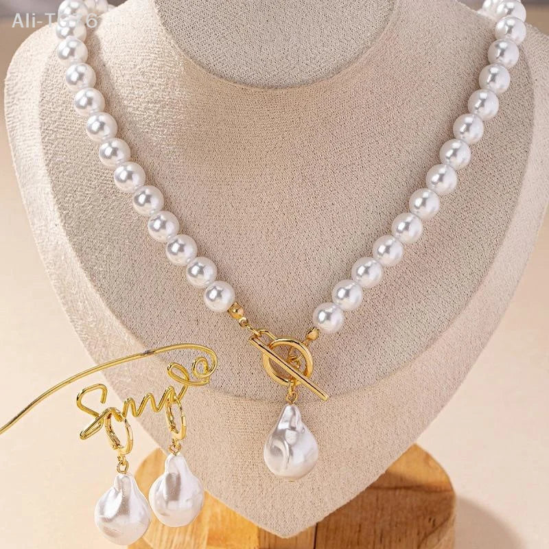 Faux Pearl Bridal Necklace & Stud Earrings Set | Wedding Jewelry