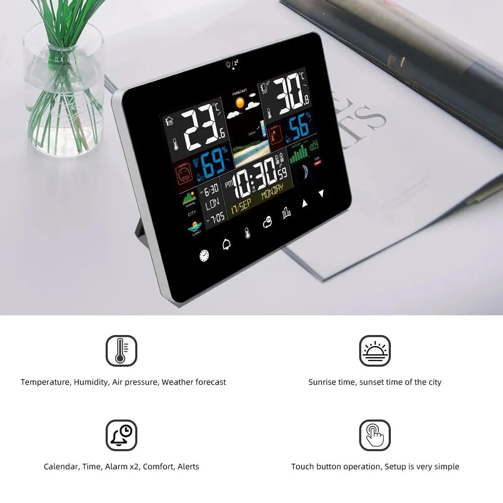 Multifunction Weather Station Alarm Clock Thermometer Hygrometer Touch Screen Wireless Sensor Sunrise Sunset Hygrothermograph Peaceful Pleasures Health and Wellness