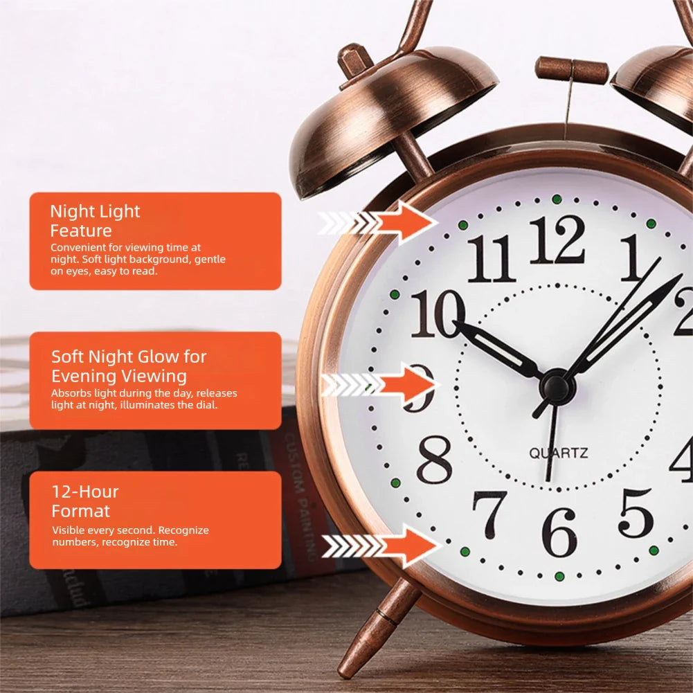 Vintage Twin-Bell Alarm Clock | Silent Sweep & Night Light