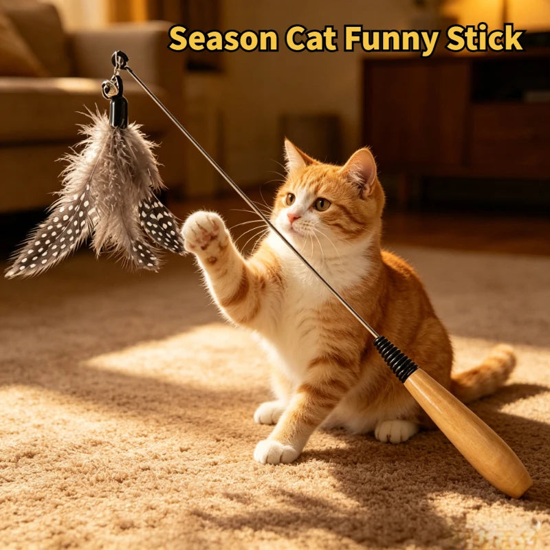 Spring Teasing Cat Stick Wooden Handle Cat Teaser Stick Toy Feather Funny Simulation Fishing Rod Bell Squeaky Cat Toy Peaceful Pleasures Health and Wellness