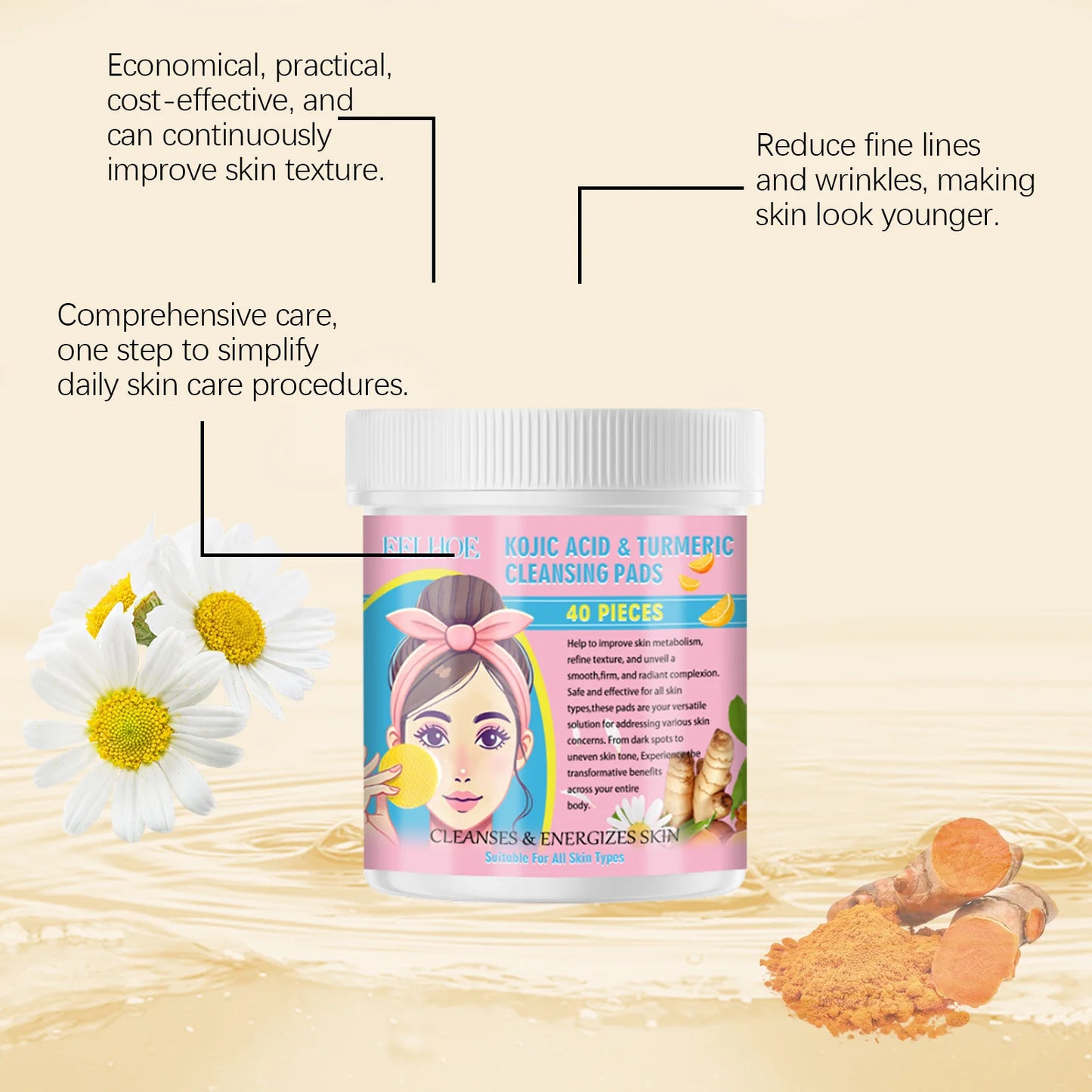 EELHOE Turmeric Kojic Acid Cleansing Pads 40pc | Brightening