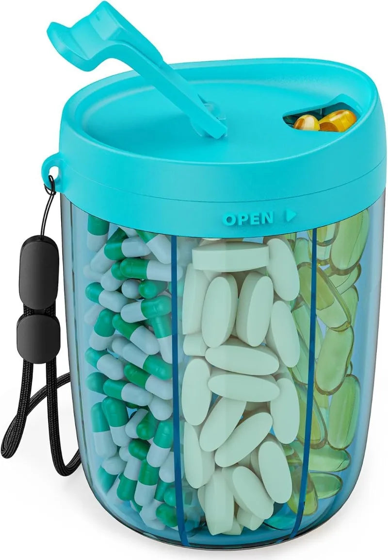 Large Pill Cup Bottle Organizer Supplement Organizer for Holding 6 Various Vitamins Travel Pill Case Box Straw Container Peaceful Pleasures Health and Wellness Blue