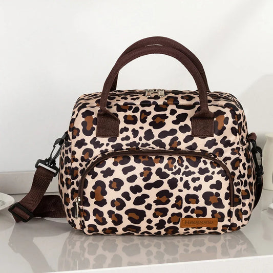 Leopard Print Oxford Cloth Food Insulation Bag Handheld Crossbody Ice Pack for Picnic Travel Food Preservation Storage Peaceful Pleasures Health and Wellness