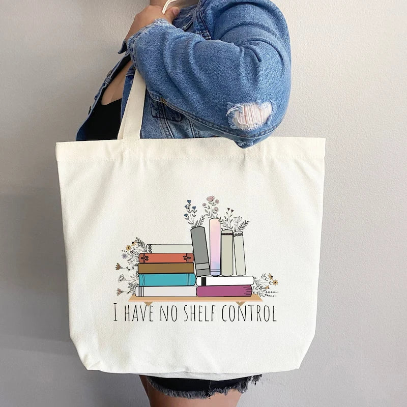 "I Have No Shelf Control" Funny Canvas Tote Bag | Book Lover Gift Canvas Tote Bag Peaceful Pleasures Health and Wellness