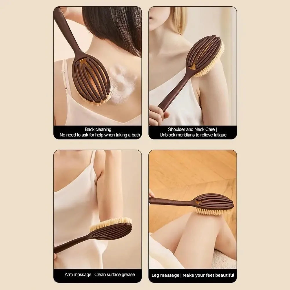 Natural Coconut Bristle Body Brush – Long Handle Back Scrubber