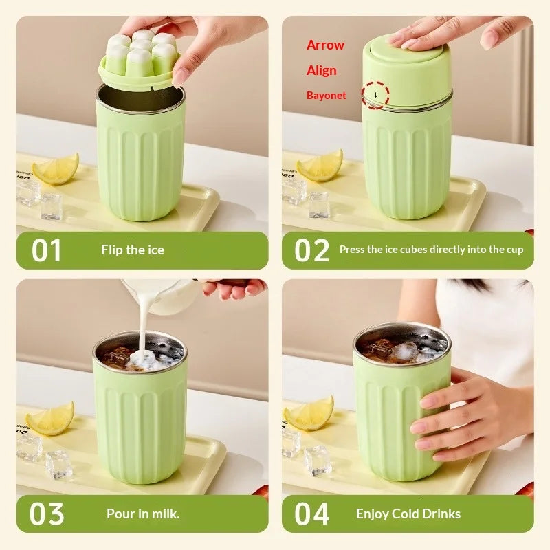 Durable Portable Ice Cube Water Bottle Touch-free Stainless Steel Ice Maker Kettle Detachable Reusable Ice Mold Hot Peaceful Pleasures Health and Wellness