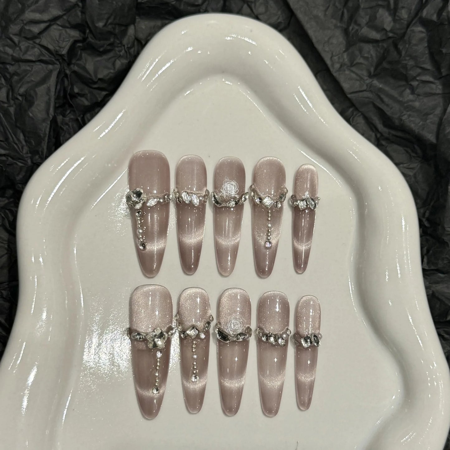 Handmade Press on Nails Glitter Rhinestone Purple Cat Eye Fake Nails Full Cover Wearable European Long Oval Head False Nails Peaceful Pleasures Health and Wellness L