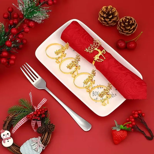 Gold Elk Christmas Napkin Rings Set 6/12/24 | Holiday Table Decor Napkin Rings Peaceful Pleasures Health and Wellness