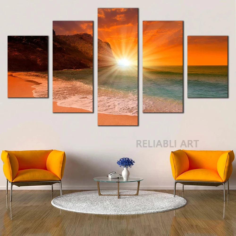 5pcs Cleopatra Ocean Canvas Painting Wall Art Orange Sky Ocean Beach Multi Turkey Sand Beach Sunrise Wall Decor No Frame Peaceful Pleasures Health and Wellness