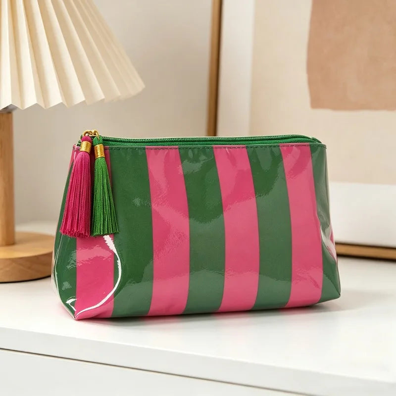 2026 New PVC Striped Cosmetic Bag Makeup Bag with Fringe and Zipper Waterproof Travel Toiletry Bag Makeup Brush Case Peaceful Pleasures Health and Wellness