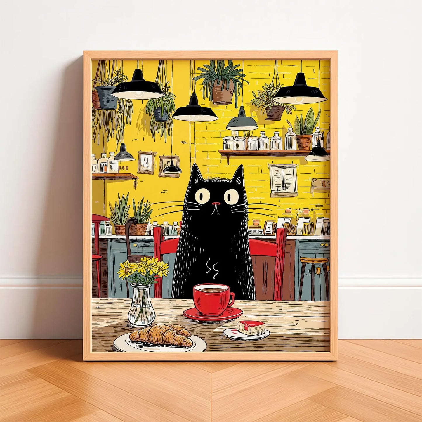 Whimsical Cat Cafe Illustration Poster, Retro Kitchen Wall Art With Tabby, Calico, And Black Barista Cats High Resolution Digita Peaceful Pleasures Health and Wellness TR261101-6 20x30cm Unframed