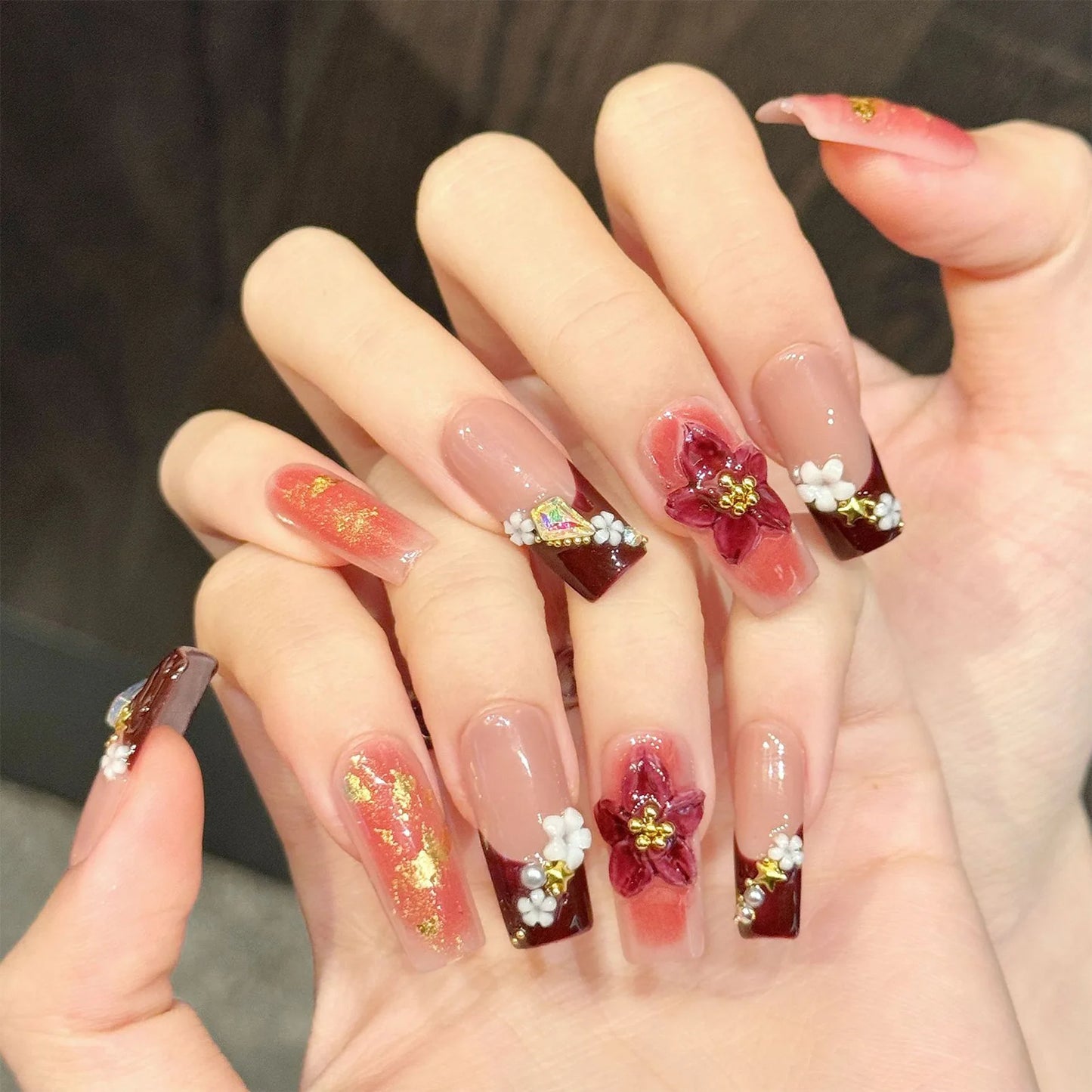 Wine Red French Press On Nails | 3D Sakura & Gold Foil – 10pc