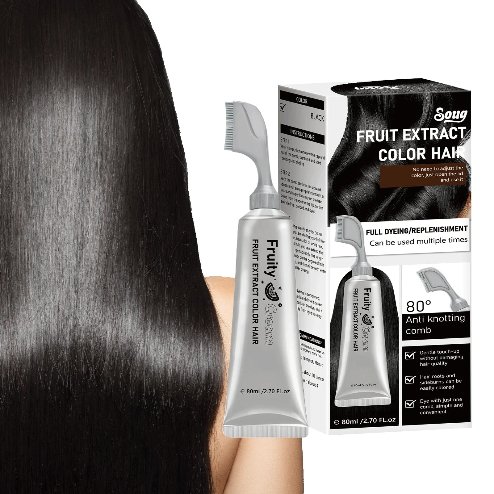 Smoky Silver Grey Hair Dye Cream 100ml - Quick Coloring, Long-Lasting & No Damage DIY Styling for Professional Look. Peaceful Pleasures Health and Wellness 1pc 80ML Black