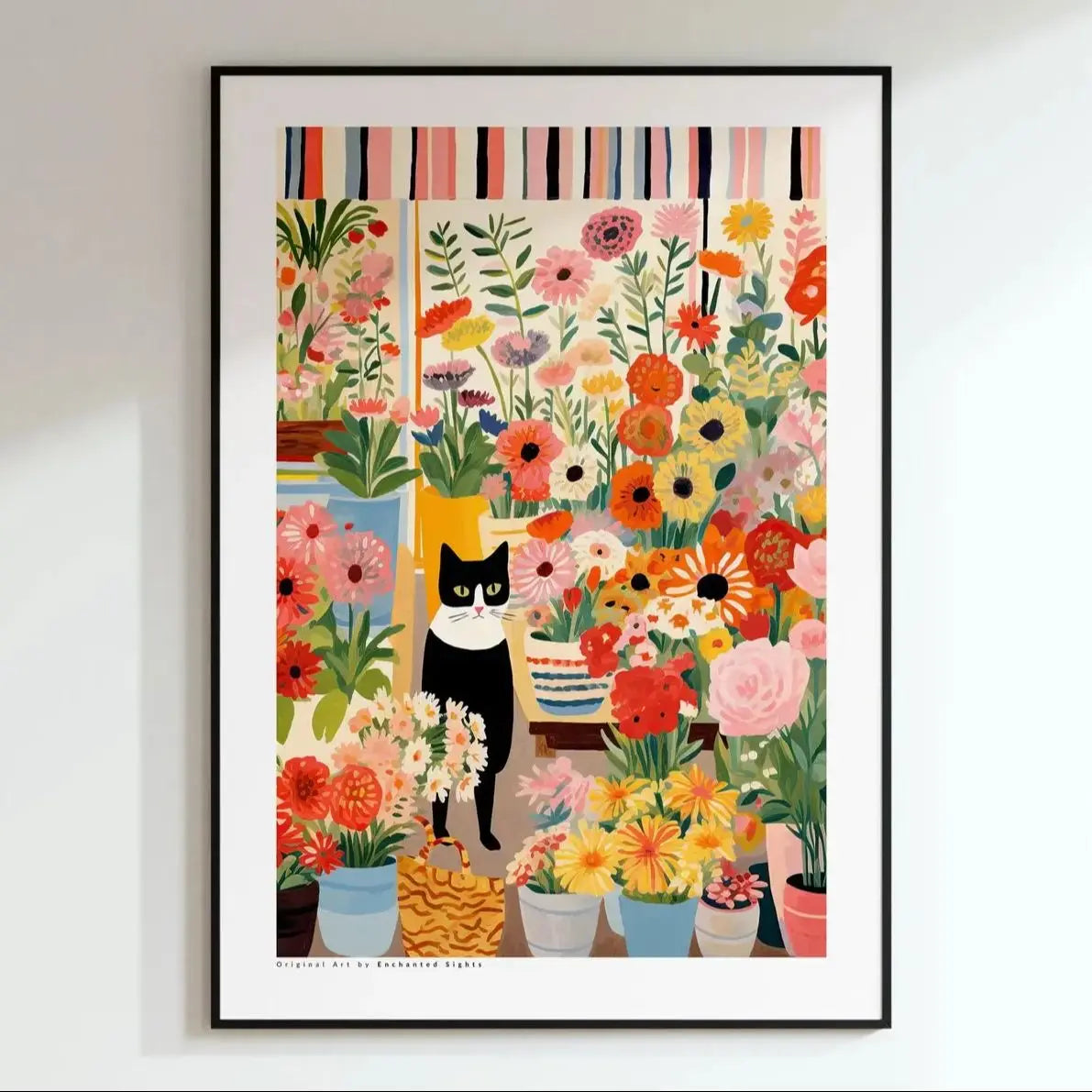 Black & White Cat Poster with Flowers | Floral Cat Wall Art