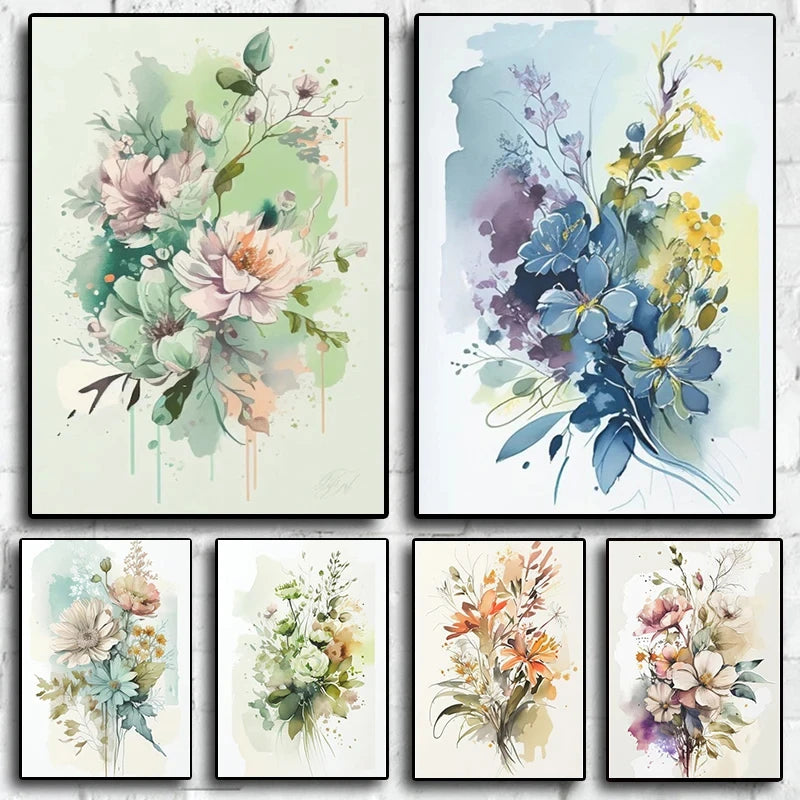 Colorful Flowers Watercolor Canvas Wall Art Print | Unframed