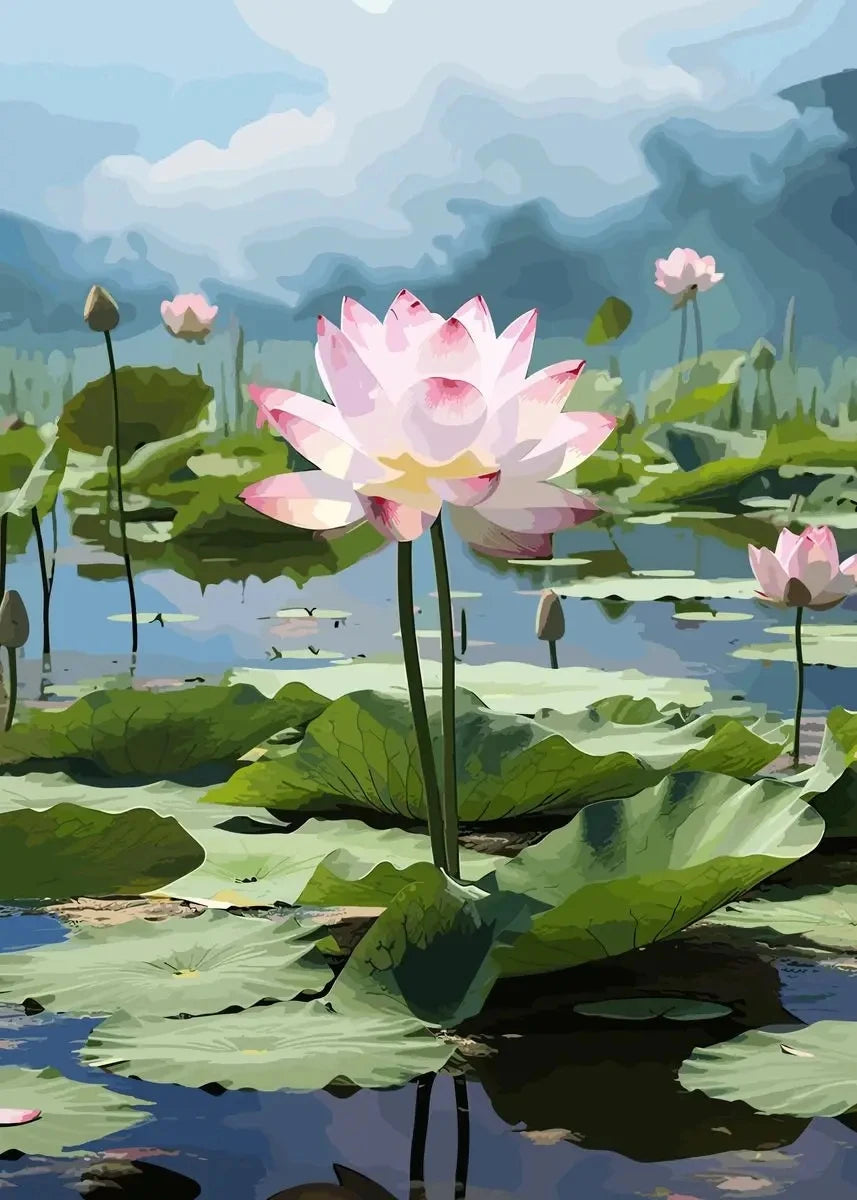 Chinese Lotus Flower Canvas Wall Art Print | Unframed Poster