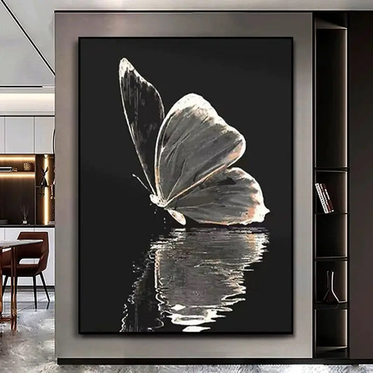 Beautiful Picture Handmade White Butterfly Black Background Hand Painted Oil Painting On Canvas Wall Art Poster For Living Room Peaceful Pleasures Health and Wellness