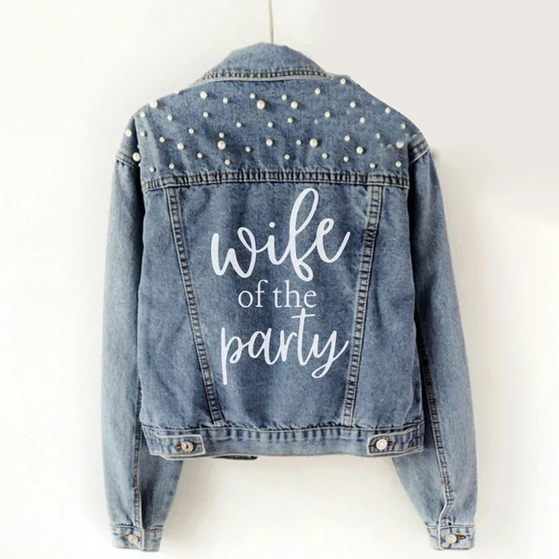wife of the party pearl Denim Jacket Country wedding bridal shower Bachelorette hen party Bride to be Future Mrs decoration gift Peaceful Pleasures Health and Wellness Denim Jacket 3XL