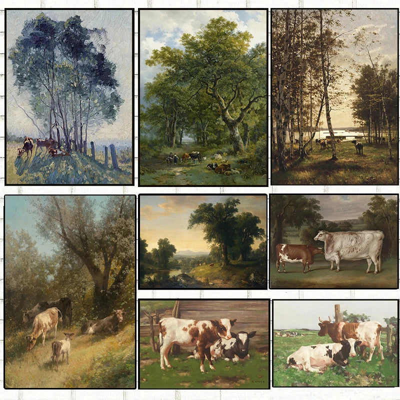 Vintage Rural Antique Animals Poster Cows in The Forest and Pasture Canvas Painting Farmhouse Wall Art Picture Office Home Decor Peaceful Pleasures Health and Wellness