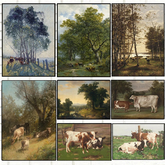 Vintage Rural Antique Animals Poster Cows in The Forest and Pasture Canvas Painting Farmhouse Wall Art Picture Office Home Decor Peaceful Pleasures Health and Wellness