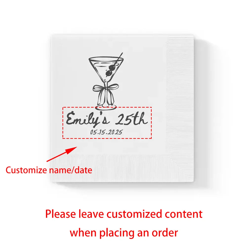 Custom 25th Birthday Cocktail Napkins – 20pc Martini Glass Set Party Cocktail Napkins Peaceful Pleasures Health and Wellness custom Napkins 20PCS 33x33cm