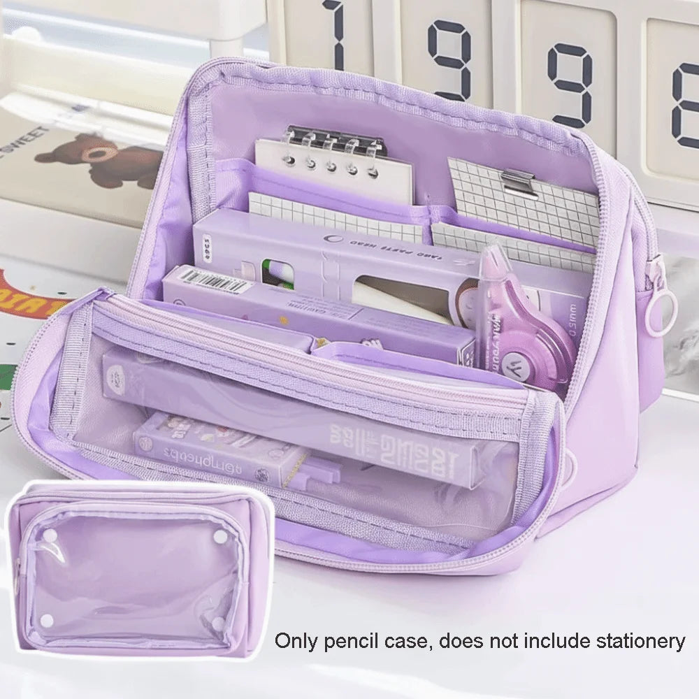 Kawaii Large Capacity Transparent Pencil Case DIY Zipper Transparent Pen Bag Multifunctional Solid Color Stationery Box Friend Peaceful Pleasures Health and Wellness Purple